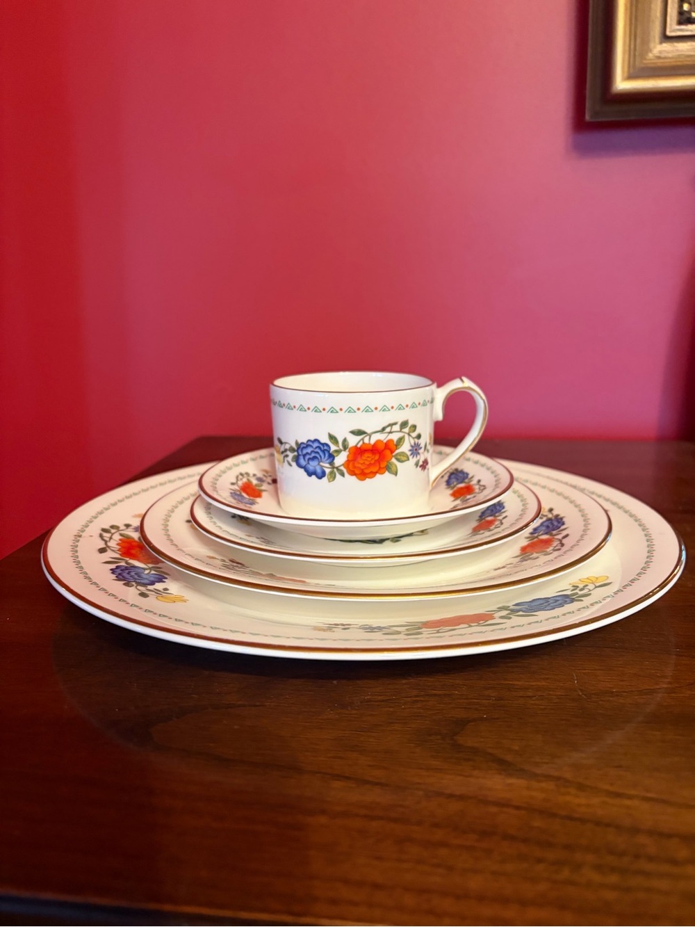Aynsley “Famille Rose” Floral - White with Orange & Blue Accents Set of 8